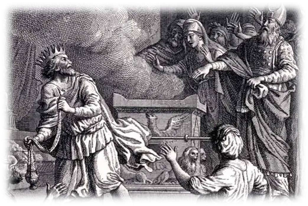 An engraving of a crowned king with a censer recoiling as priests in the Temple point him away