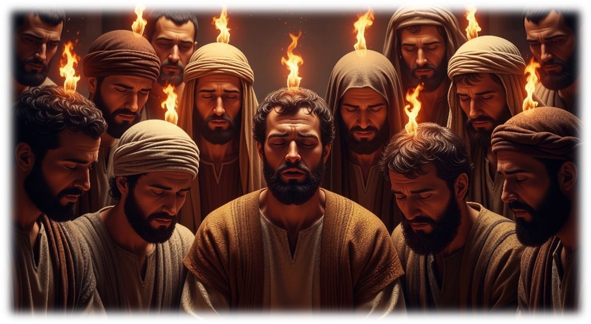 A group of bowed, praying men with a small flame resting on the head of each