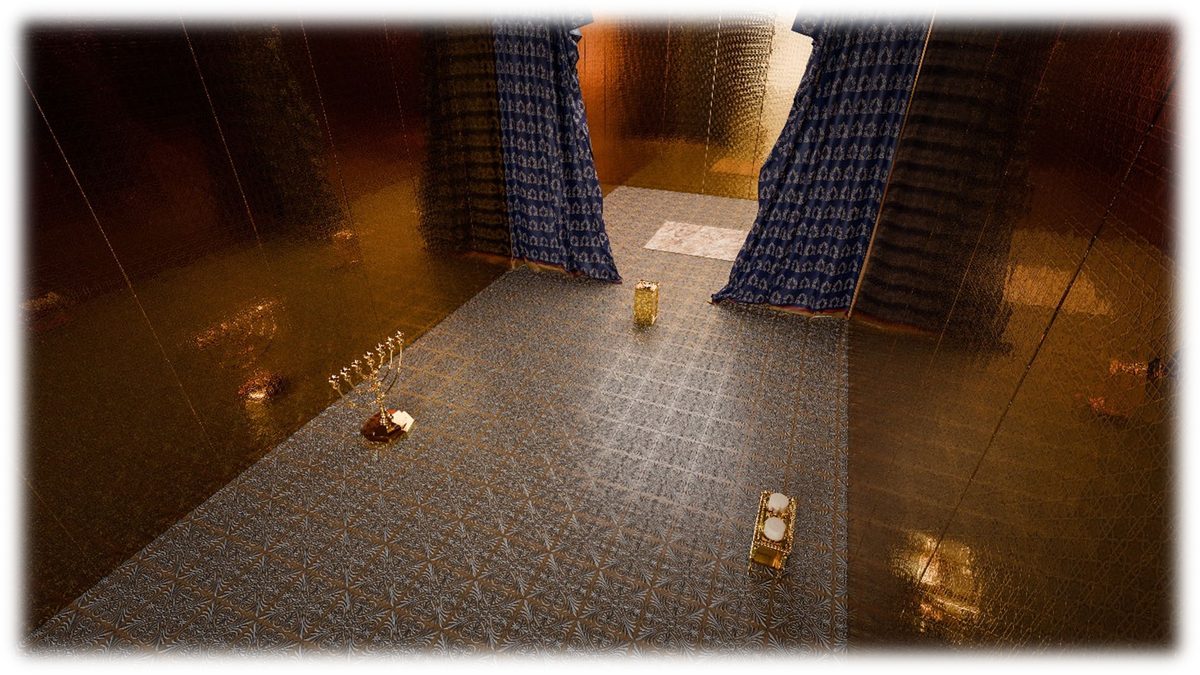 A rendering of the Holy Place interior, with the Golden Lampstand at the left, the Table of Shewbread at the right, and the Golden Altar standing before the parted veil