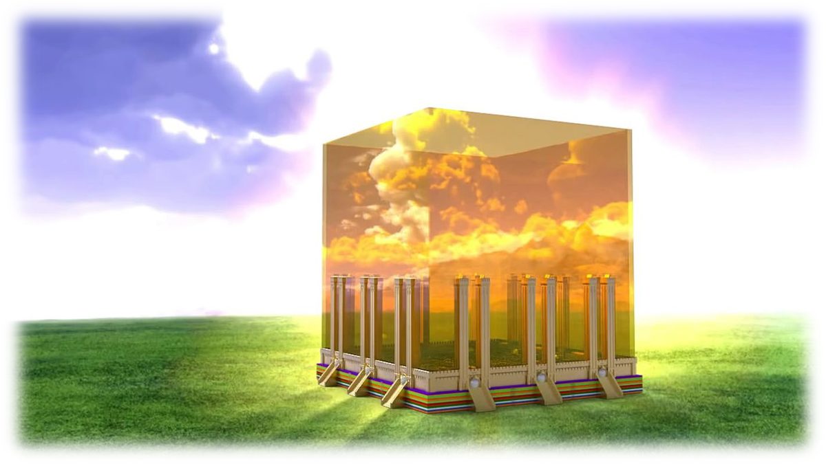 A rendering of the foursquare city as a translucent golden cube with gated walls, resting on green ground under a bright sky