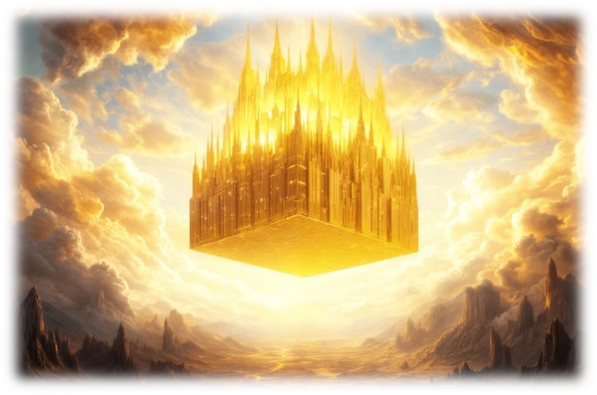 A golden cubic city descending out of bright clouds, having the glory of God