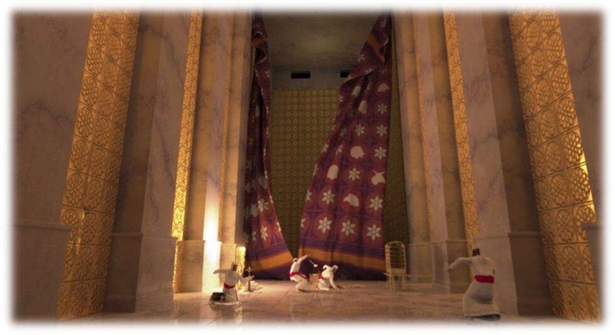 The great embroidered veil of the Temple torn from top to bottom between gilded pillars, with priests fallen back in alarm