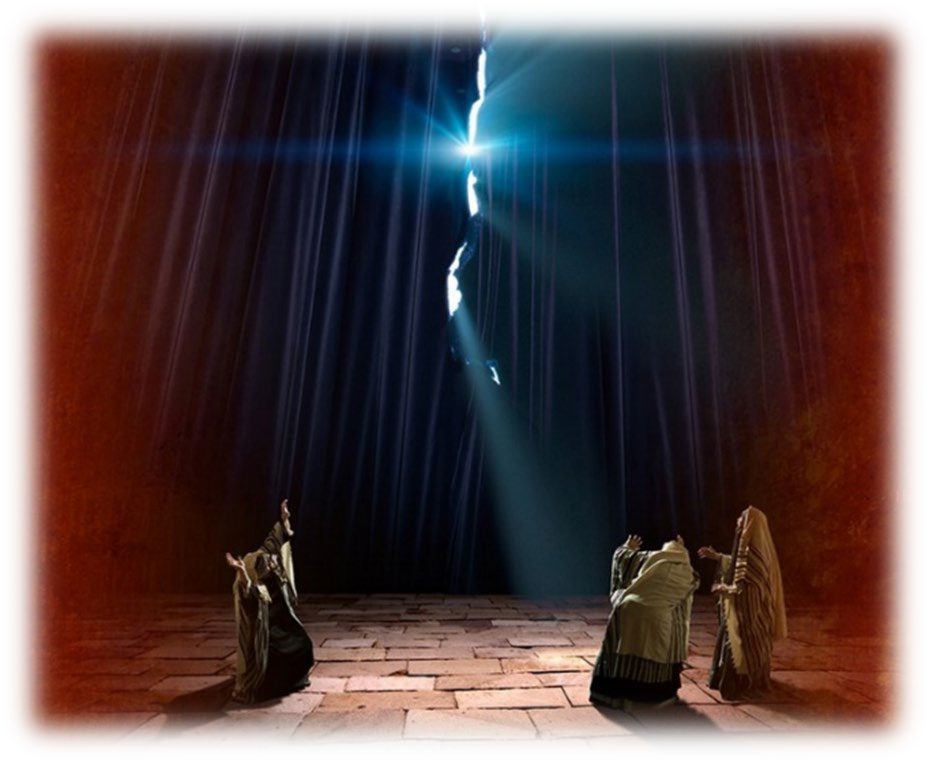 Light streaming through a torn curtain onto worshippers who shield their faces