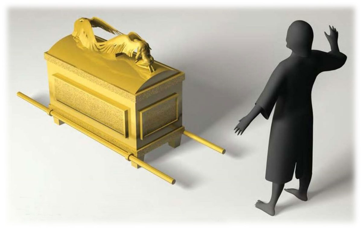 A gold Ark of the Covenant with its two cherubim and carrying staves, with the dark silhouette of a standing man beside it for scale