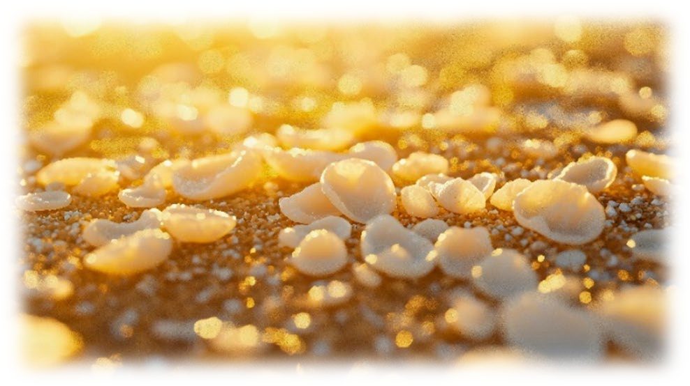 Small round white and golden grains of manna lying thickly on the ground