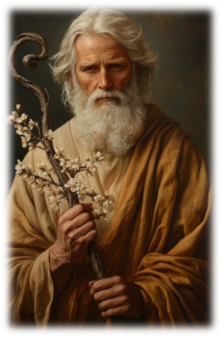 A white-bearded man in a tan robe holding a wooden rod with white almond blossoms springing from it