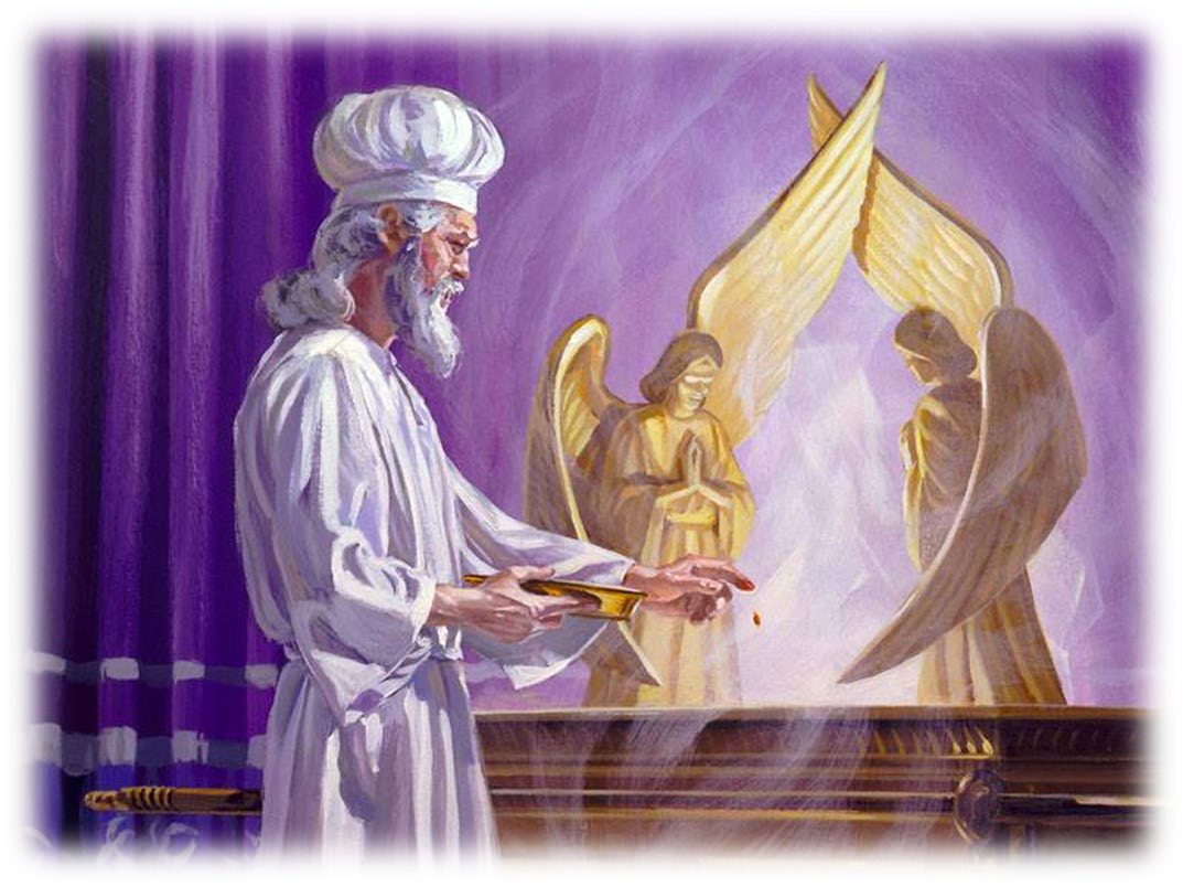 The high priest in white garments, holding a golden bowl, sprinkling blood with his finger toward the Mercy Seat and its two cherubim behind the veil