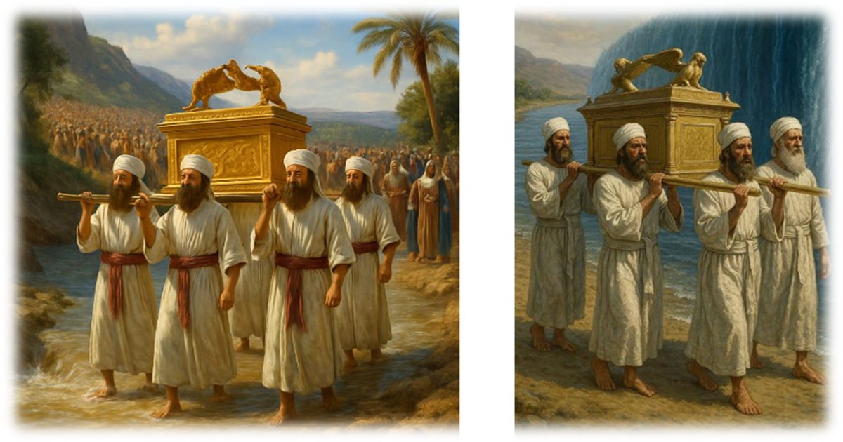 Two paintings of four white-robed men carrying the golden Ark on staves: in the first the staves run through the short ends, in the second along the long sides