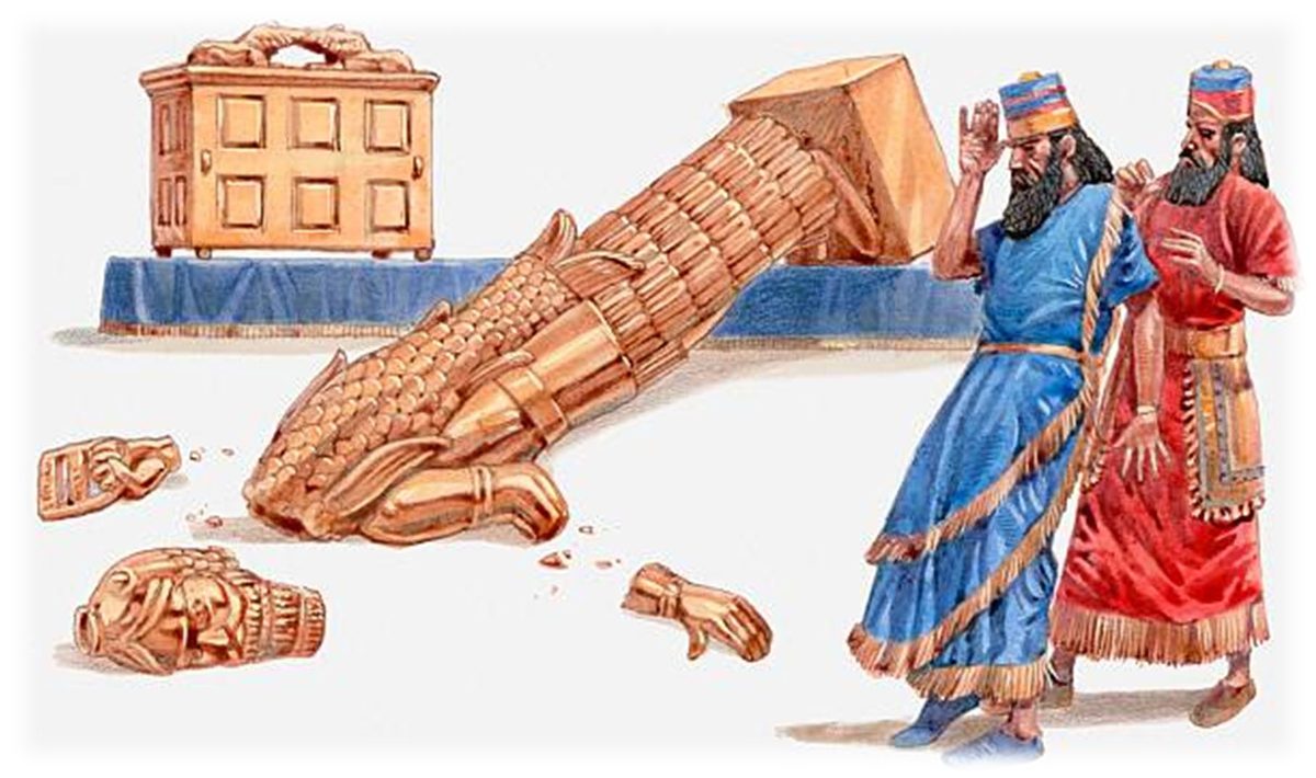 The idol Dagon fallen on its face before the Ark, its head and hands broken off, while two Philistines look on in alarm