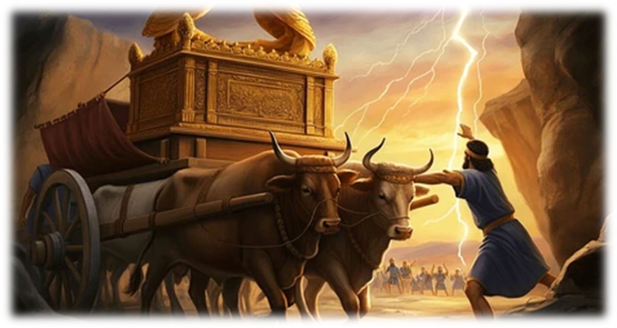 The Ark on an ox-drawn cart, lightning striking as a man reaches out his hand toward the oxen and the cart