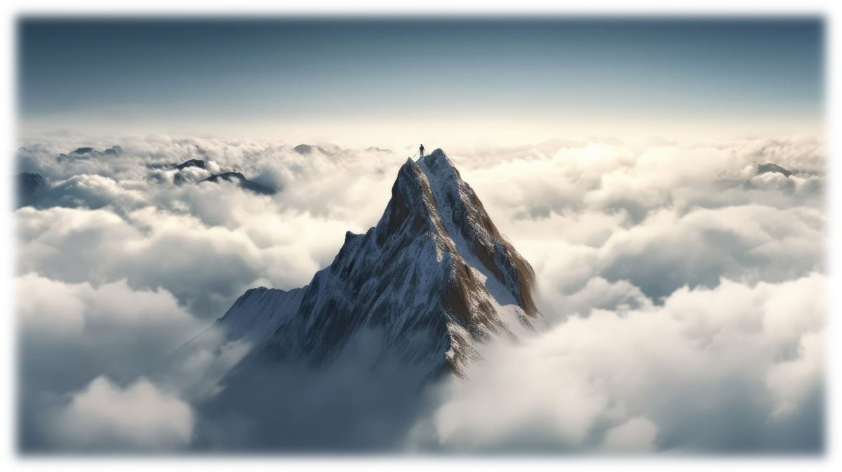 A lone climber standing on a snow-covered mountain summit that rises above a sea of clouds, with other peaks breaking the clouds in the distance